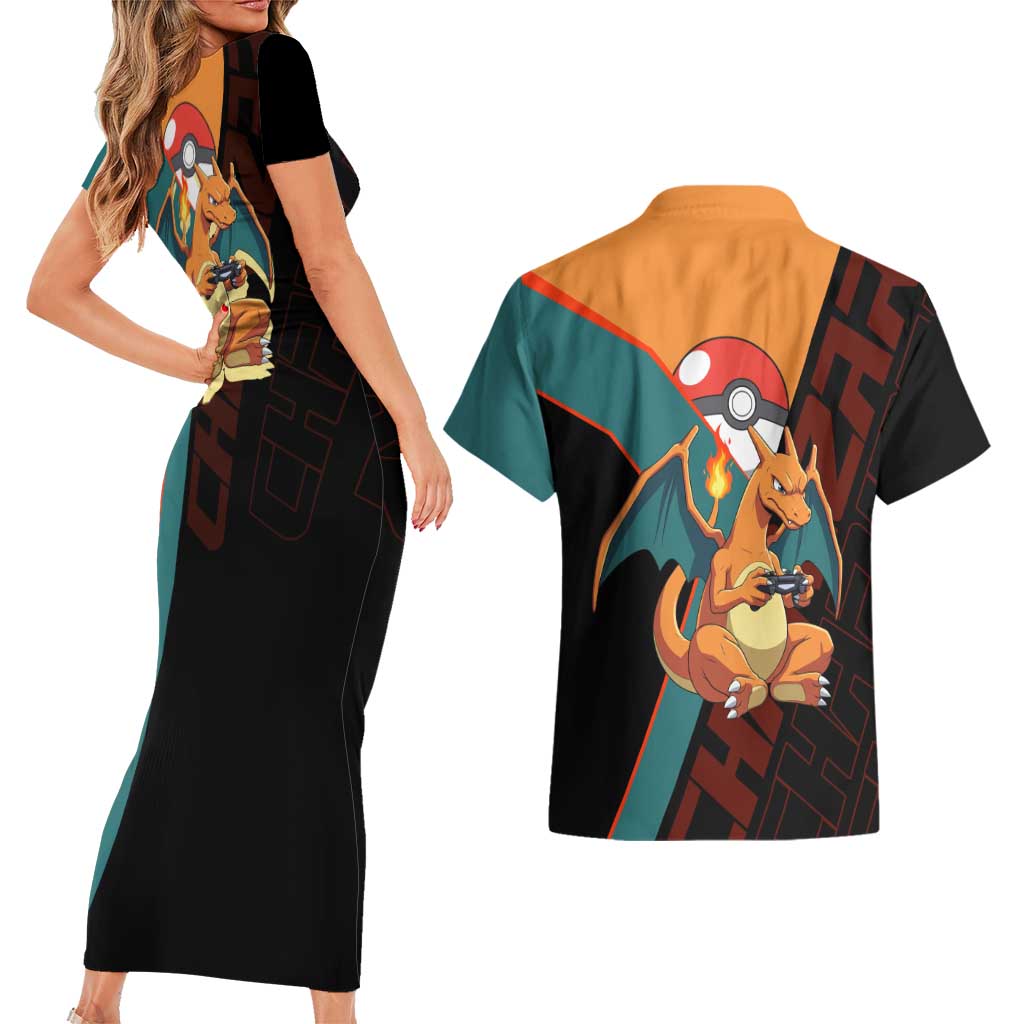 Charizard Poké Couples Matching Short Sleeve Bodycon Dress and Hawaiian Shirt Retro Anime Gaming Style