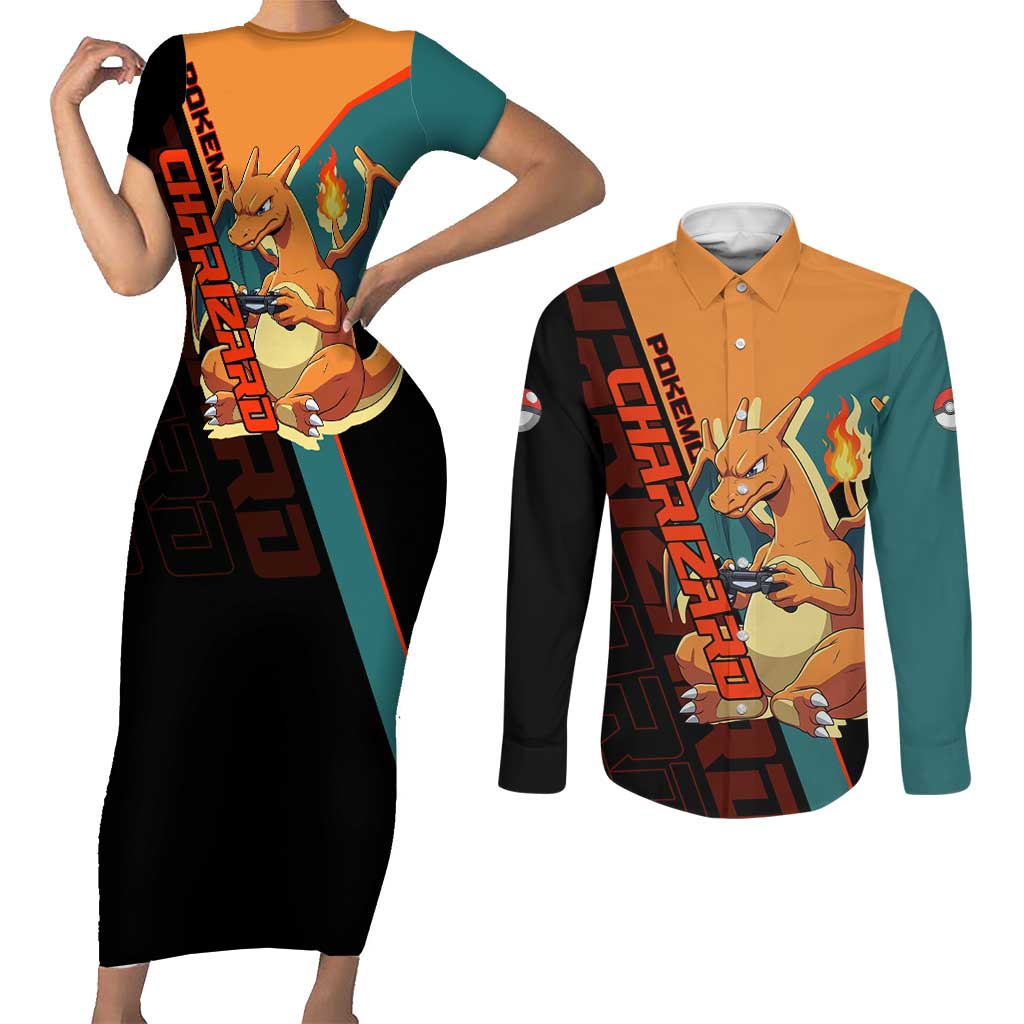 Charizard Poké Couples Matching Short Sleeve Bodycon Dress and Long Sleeve Button Shirt Retro Anime Gaming Style