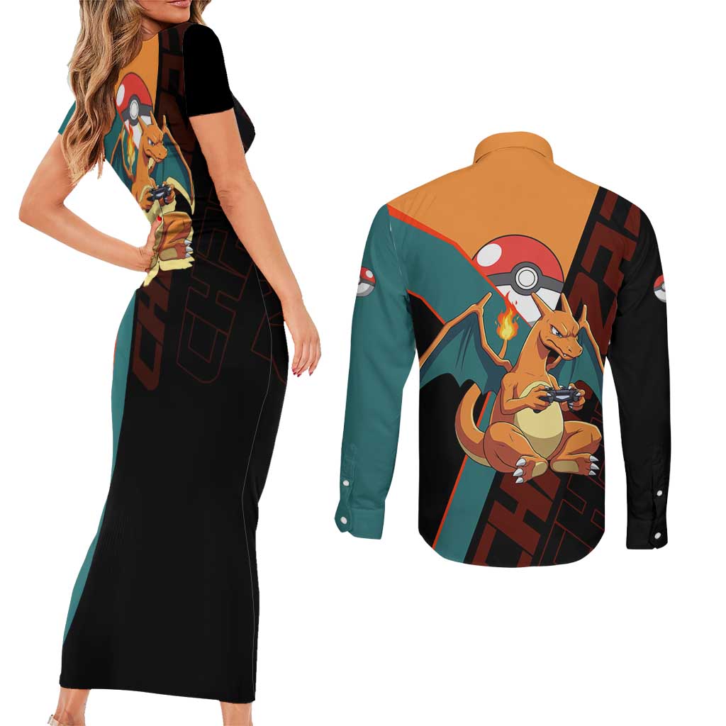 Charizard Poké Couples Matching Short Sleeve Bodycon Dress and Long Sleeve Button Shirt Retro Anime Gaming Style