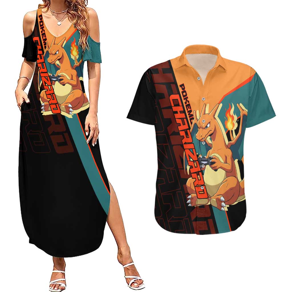 Charizard Poké Couples Matching Summer Maxi Dress and Hawaiian Shirt Retro Anime Gaming Style