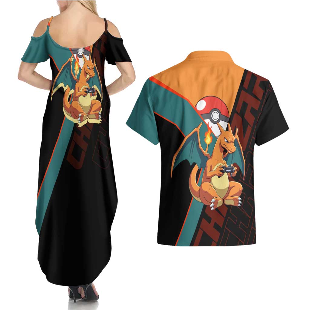 Charizard Poké Couples Matching Summer Maxi Dress and Hawaiian Shirt Retro Anime Gaming Style