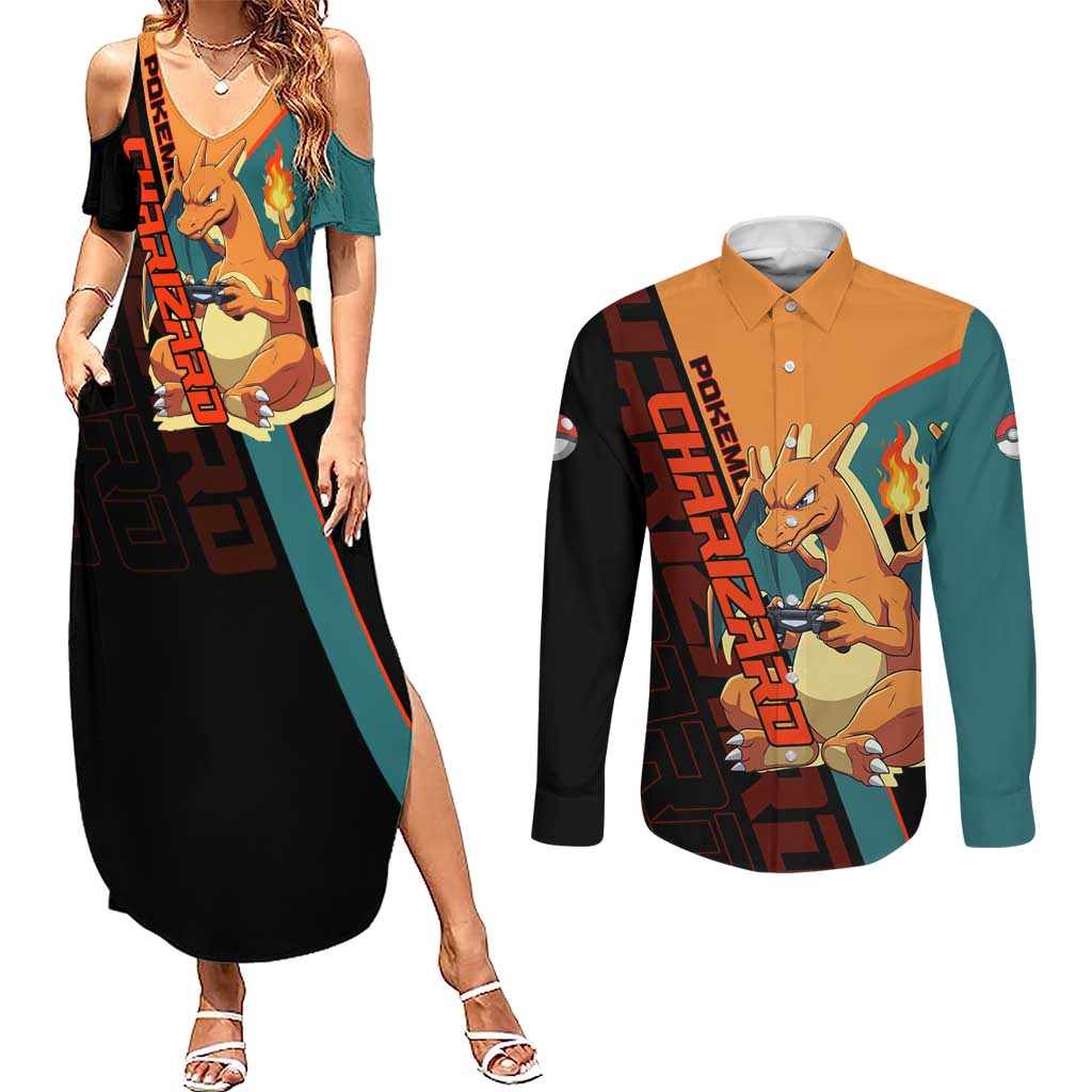 Charizard Poké Couples Matching Summer Maxi Dress and Long Sleeve Button Shirt Retro Anime Gaming Style