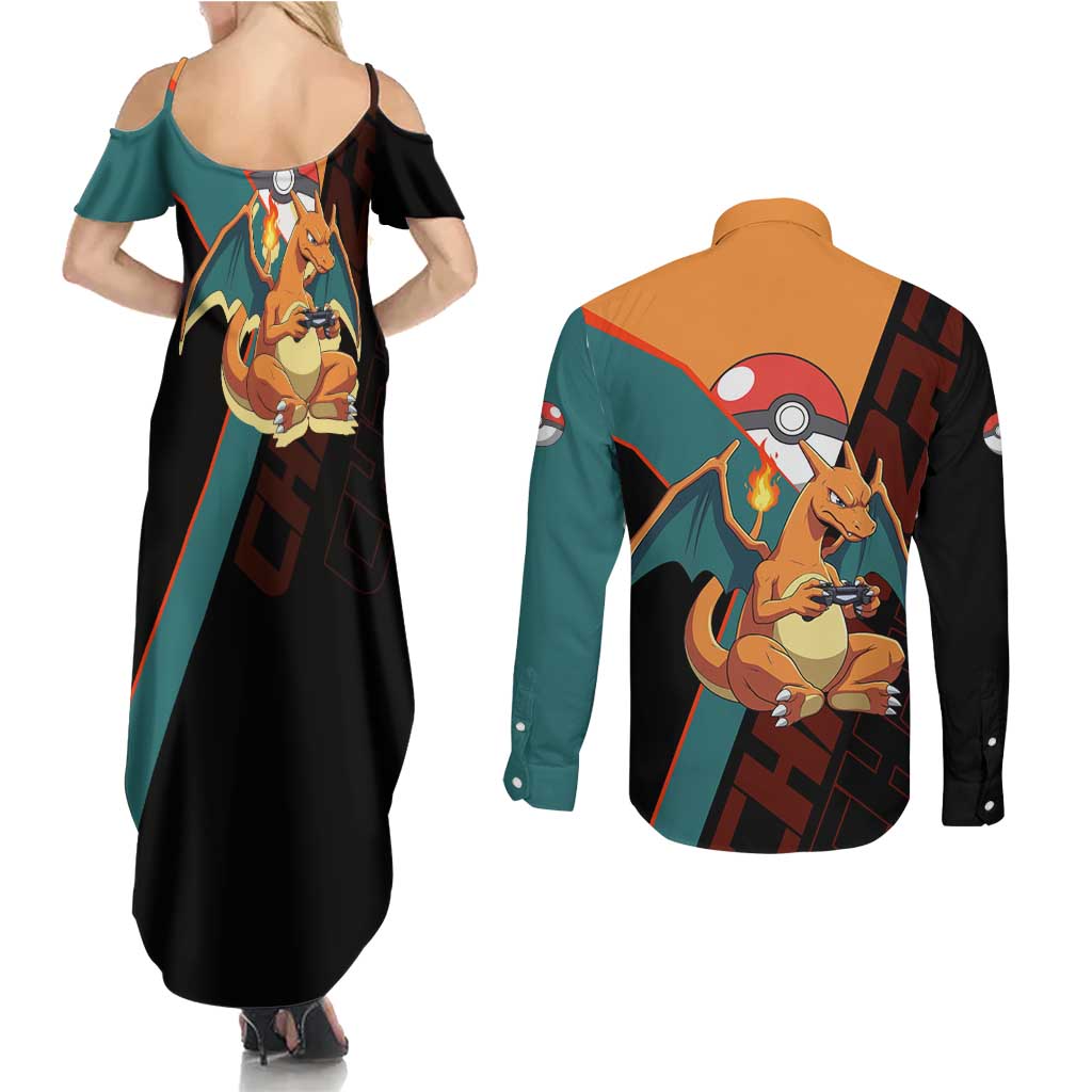 Charizard Poké Couples Matching Summer Maxi Dress and Long Sleeve Button Shirt Retro Anime Gaming Style