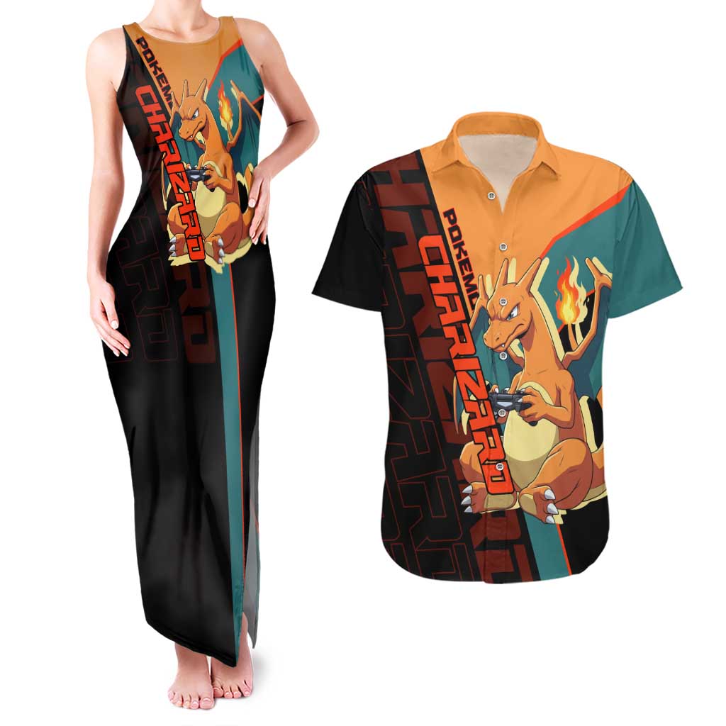 Charizard Poké Couples Matching Tank Maxi Dress and Hawaiian Shirt Retro Anime Gaming Style