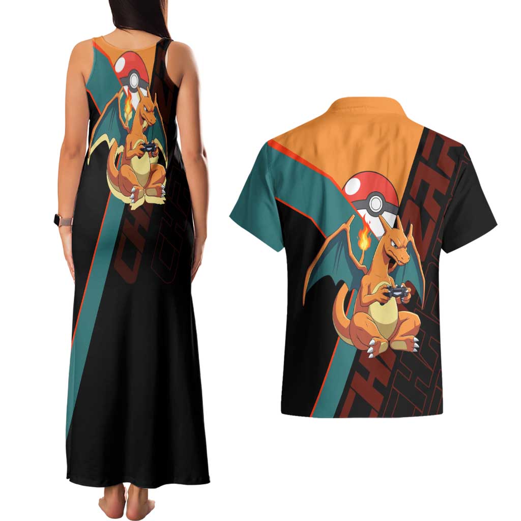 Charizard Poké Couples Matching Tank Maxi Dress and Hawaiian Shirt Retro Anime Gaming Style