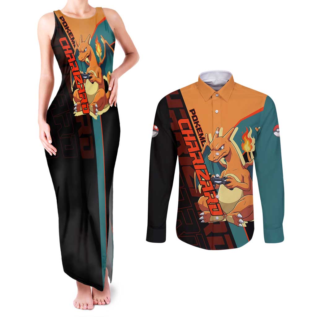 Charizard Poké Couples Matching Tank Maxi Dress and Long Sleeve Button Shirt Retro Anime Gaming Style