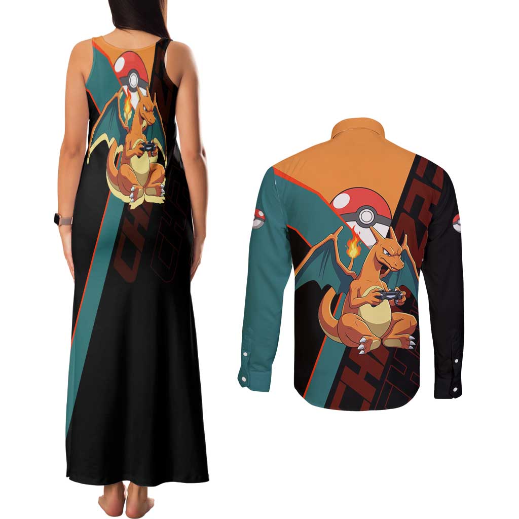 Charizard Poké Couples Matching Tank Maxi Dress and Long Sleeve Button Shirt Retro Anime Gaming Style