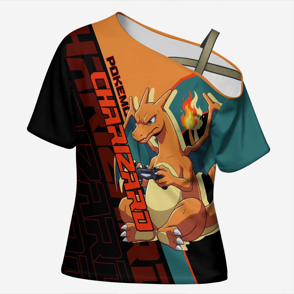 Charizard Poké Cross Shoulder Shirt Retro Anime Gaming Style