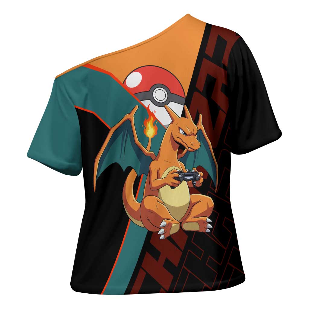 Charizard Poké Cross Shoulder Shirt Retro Anime Gaming Style