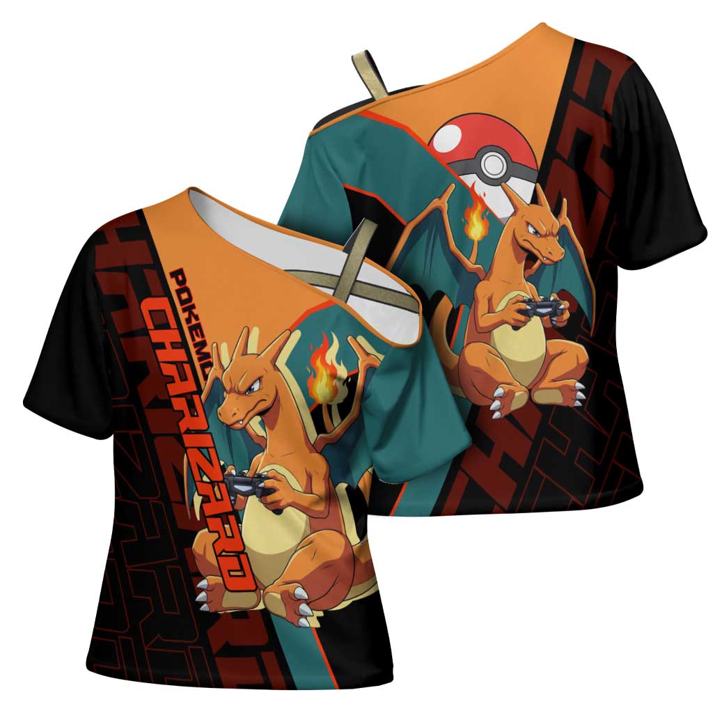 Charizard Poké Cross Shoulder Shirt Retro Anime Gaming Style