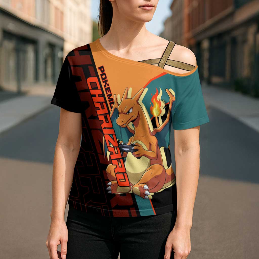 Charizard Poké Cross Shoulder Shirt Retro Anime Gaming Style