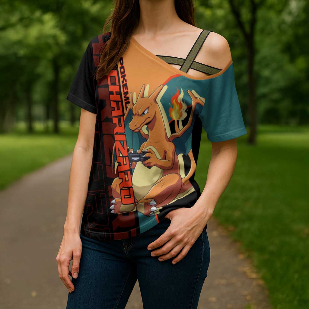 Charizard Poké Cross Shoulder Shirt Retro Anime Gaming Style