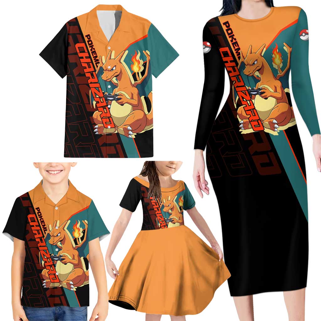 Charizard Poké Family Matching Long Sleeve Bodycon Dress and Hawaiian Shirt Retro Anime Gaming Style