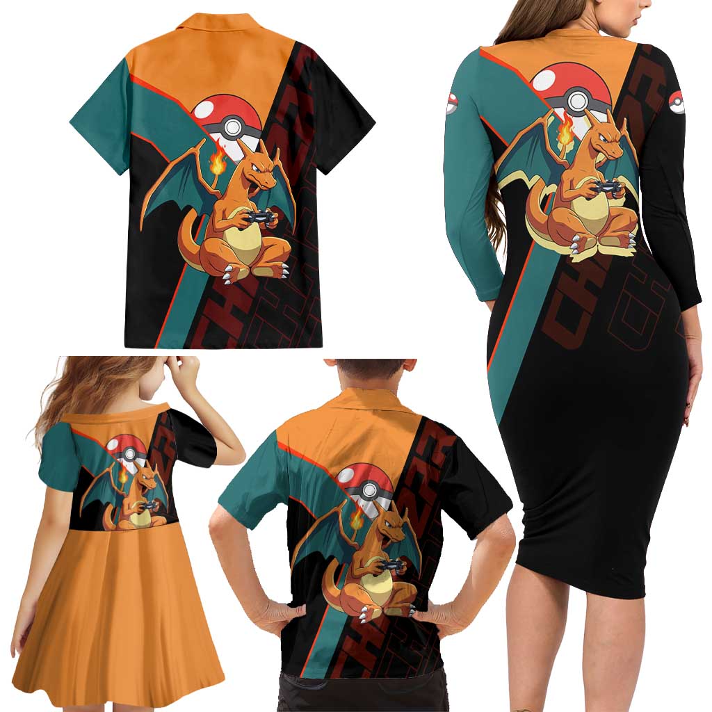 Charizard Poké Family Matching Long Sleeve Bodycon Dress and Hawaiian Shirt Retro Anime Gaming Style