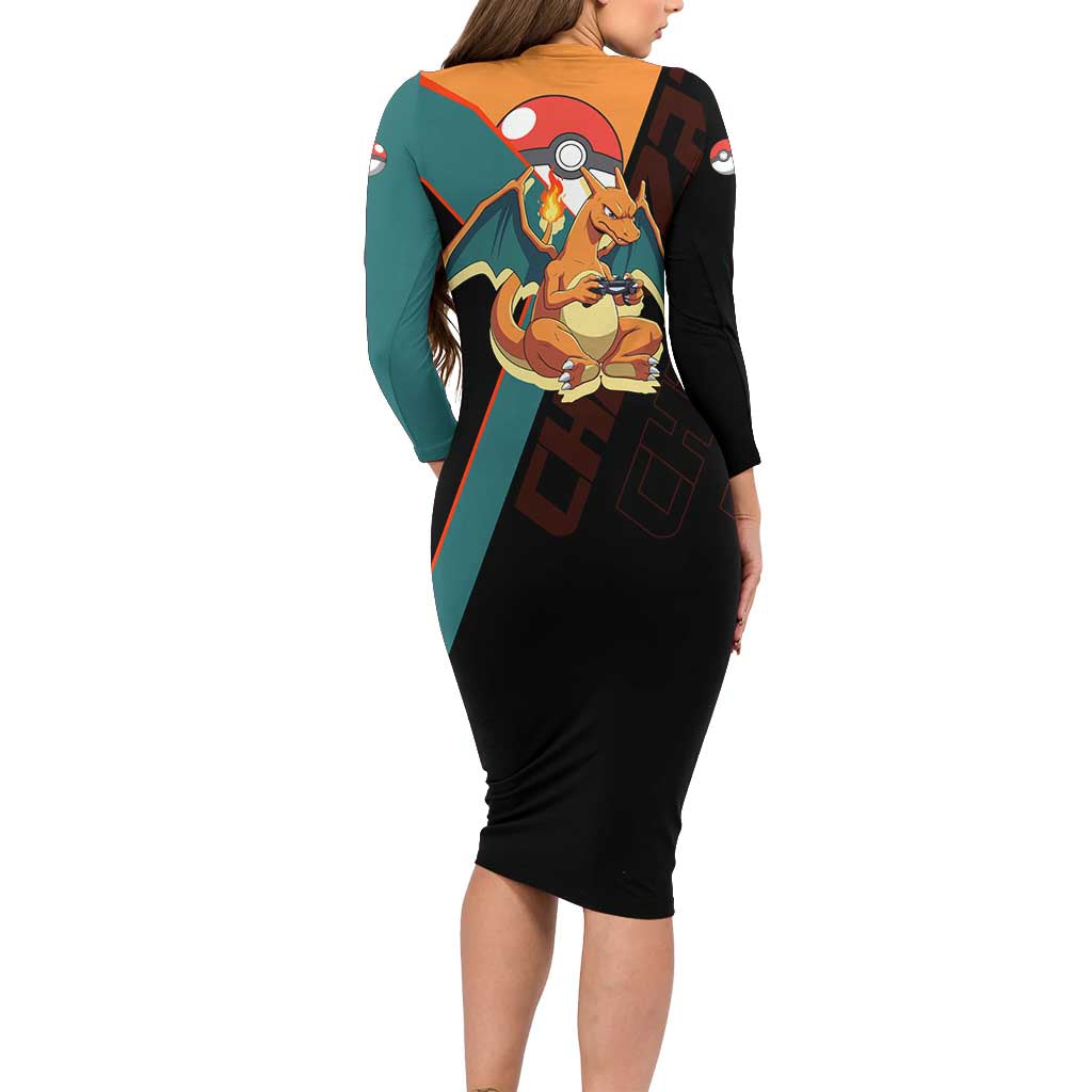 Charizard Poké Family Matching Long Sleeve Bodycon Dress and Hawaiian Shirt Retro Anime Gaming Style