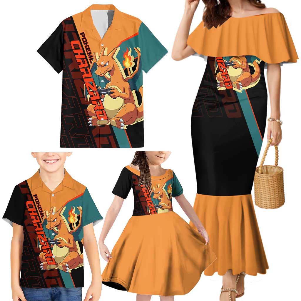 Charizard Poké Family Matching Mermaid Dress and Hawaiian Shirt Retro Anime Gaming Style