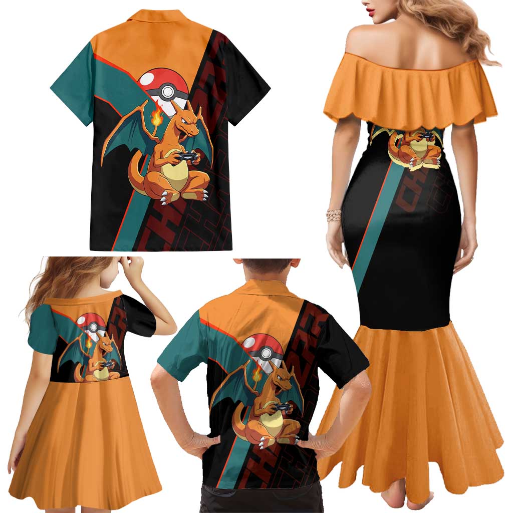 Charizard Poké Family Matching Mermaid Dress and Hawaiian Shirt Retro Anime Gaming Style