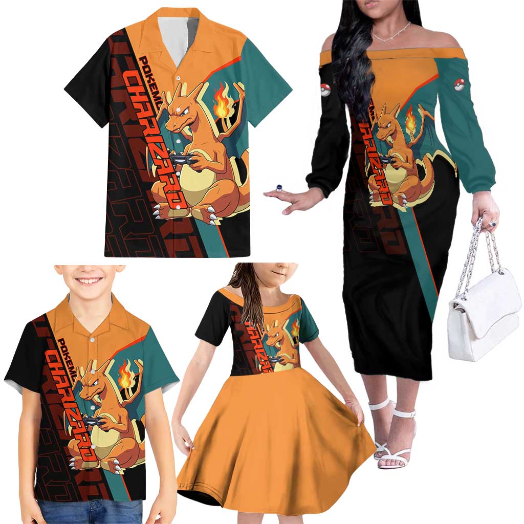 Charizard Poké Family Matching Off The Shoulder Long Sleeve Dress and Hawaiian Shirt Retro Anime Gaming Style