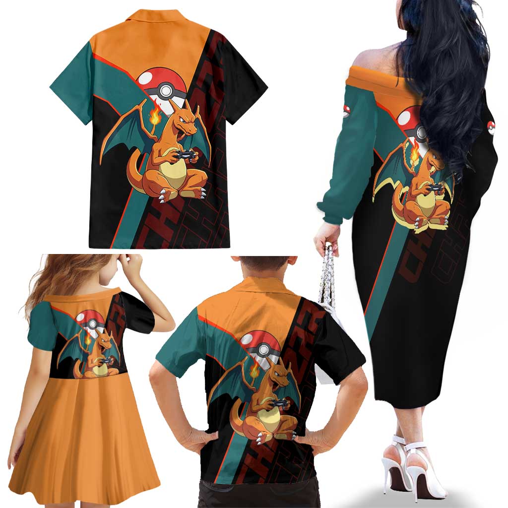 Charizard Poké Family Matching Off The Shoulder Long Sleeve Dress and Hawaiian Shirt Retro Anime Gaming Style