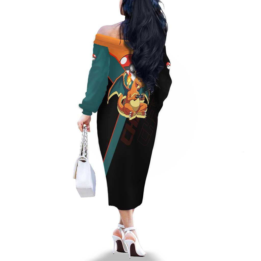 Charizard Poké Family Matching Off The Shoulder Long Sleeve Dress and Hawaiian Shirt Retro Anime Gaming Style