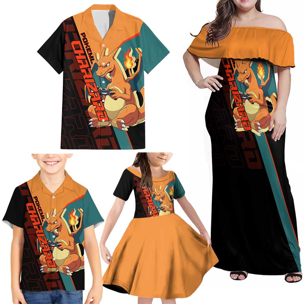 Charizard Poké Family Matching Off Shoulder Maxi Dress and Hawaiian Shirt Retro Anime Gaming Style