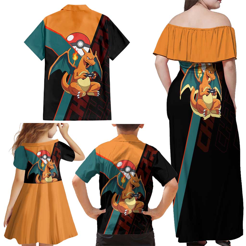 Charizard Poké Family Matching Off Shoulder Maxi Dress and Hawaiian Shirt Retro Anime Gaming Style