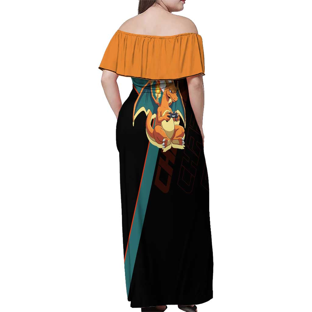 Charizard Poké Family Matching Off Shoulder Maxi Dress and Hawaiian Shirt Retro Anime Gaming Style