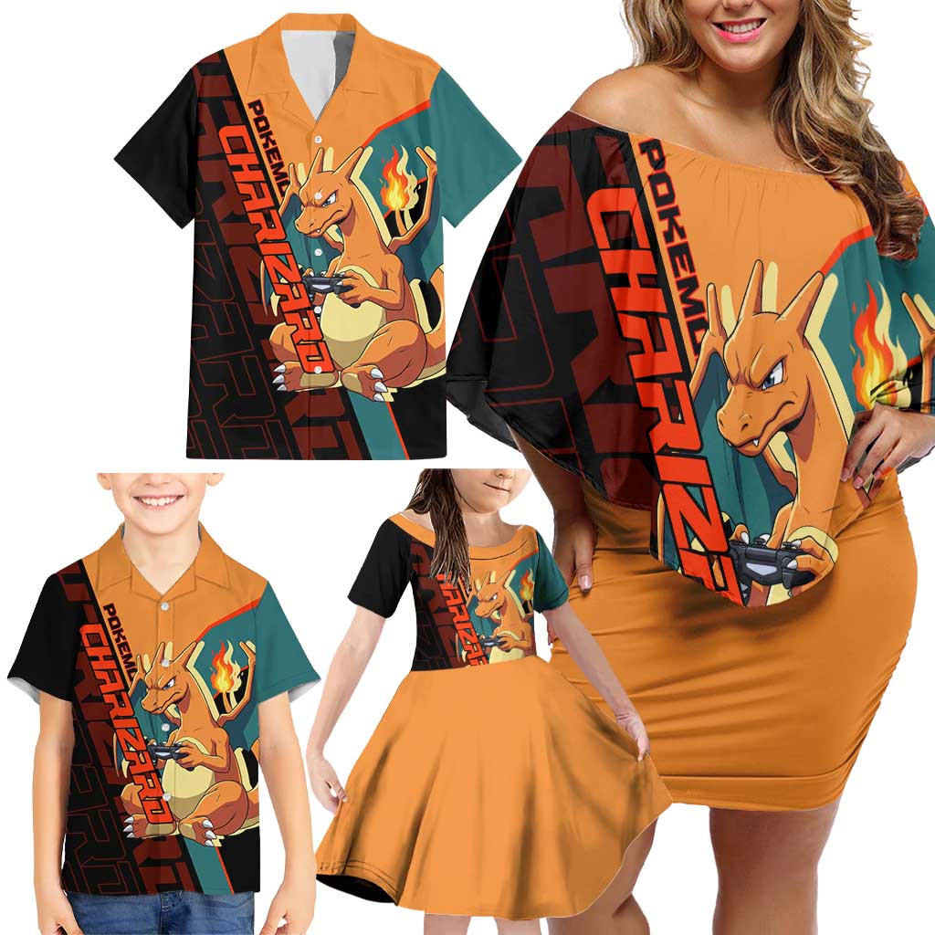 Charizard Poké Family Matching Off Shoulder Short Dress and Hawaiian Shirt Retro Anime Gaming Style