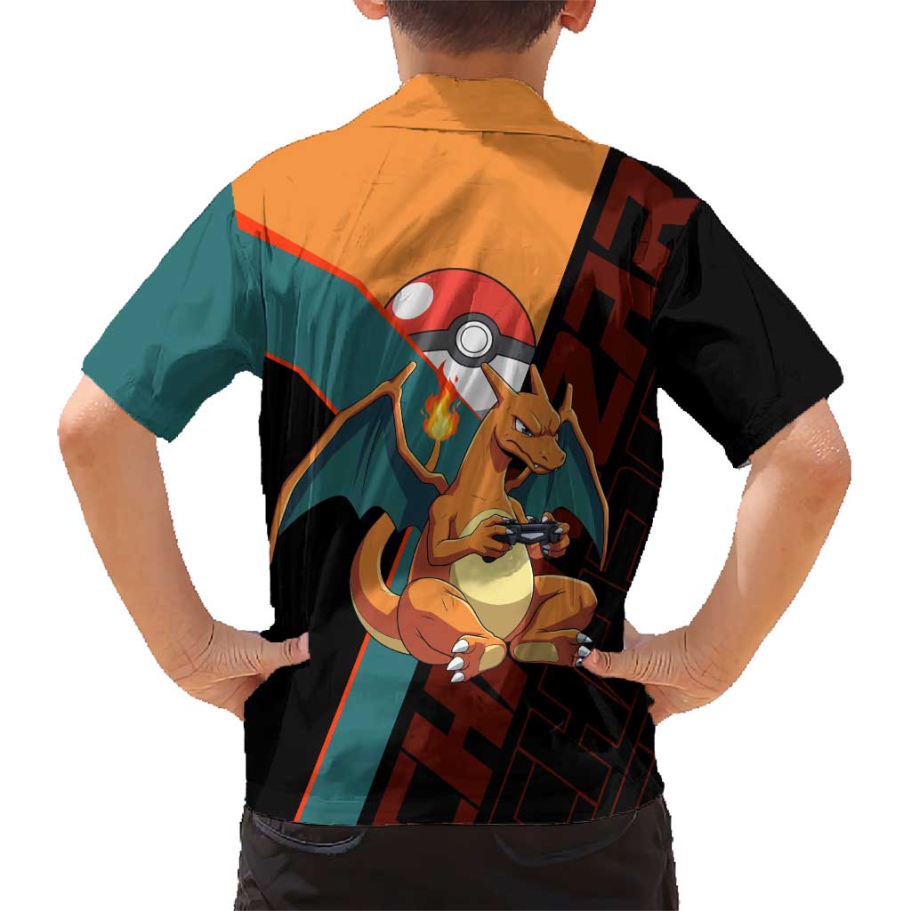 Charizard Poké Family Matching Off Shoulder Short Dress and Hawaiian Shirt Retro Anime Gaming Style