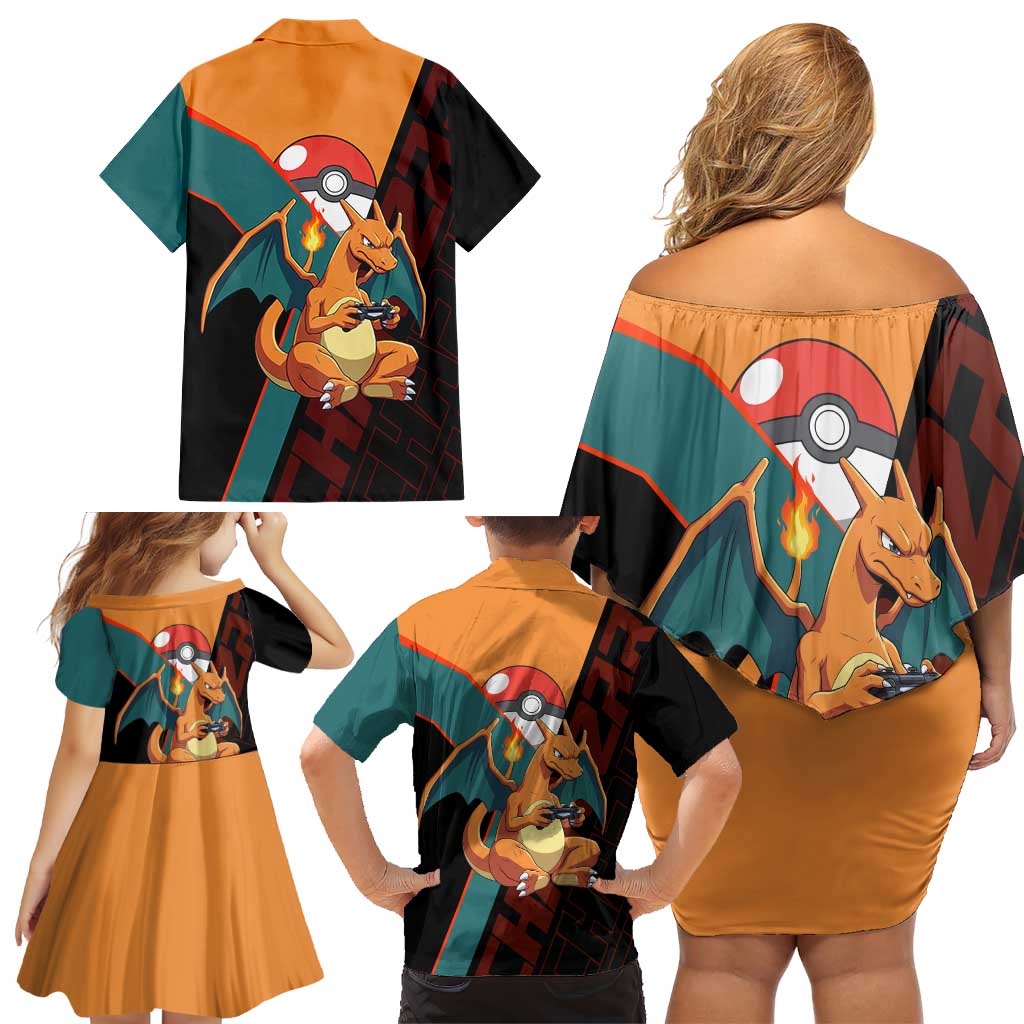 Charizard Poké Family Matching Off Shoulder Short Dress and Hawaiian Shirt Retro Anime Gaming Style