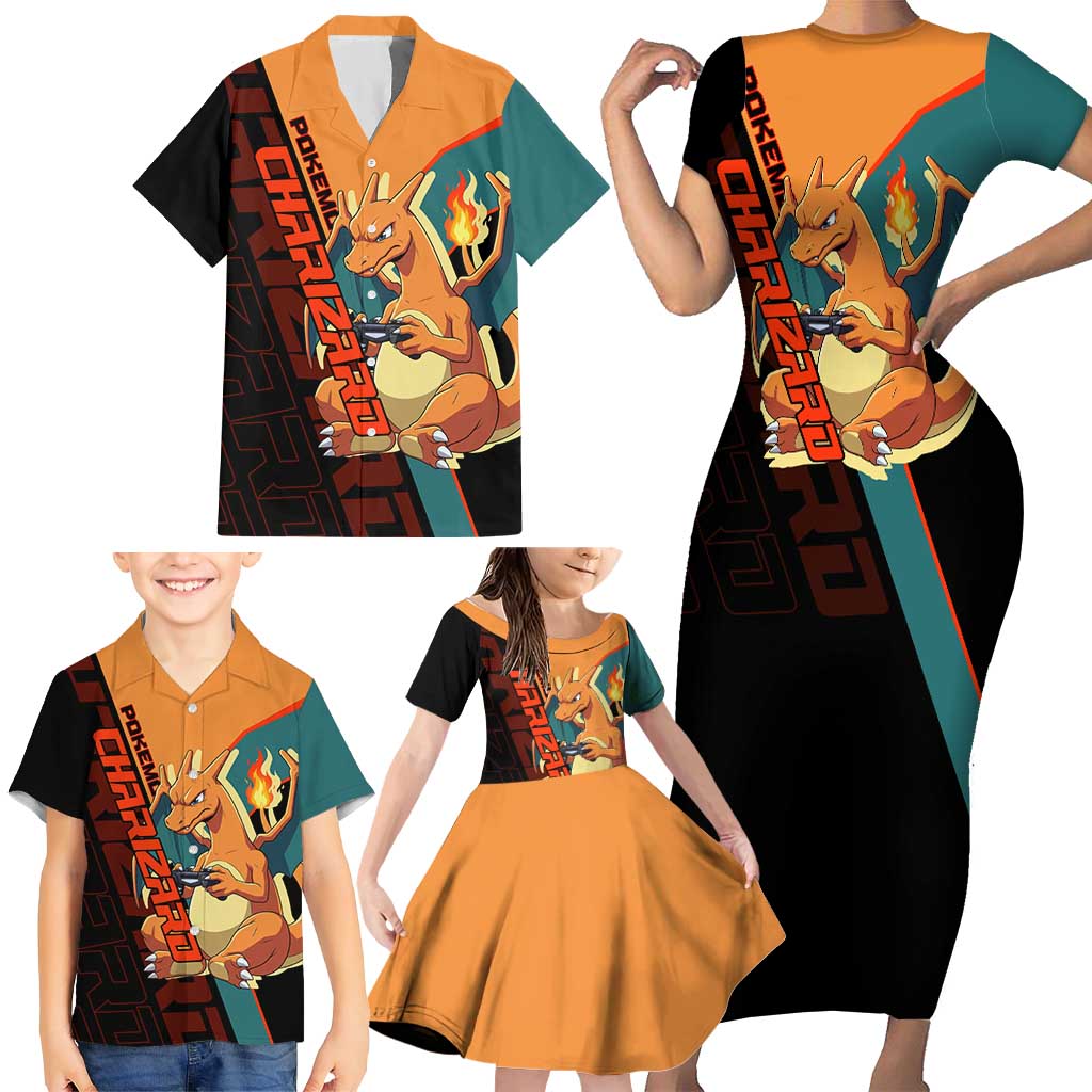 Charizard Poké Family Matching Short Sleeve Bodycon Dress and Hawaiian Shirt Retro Anime Gaming Style