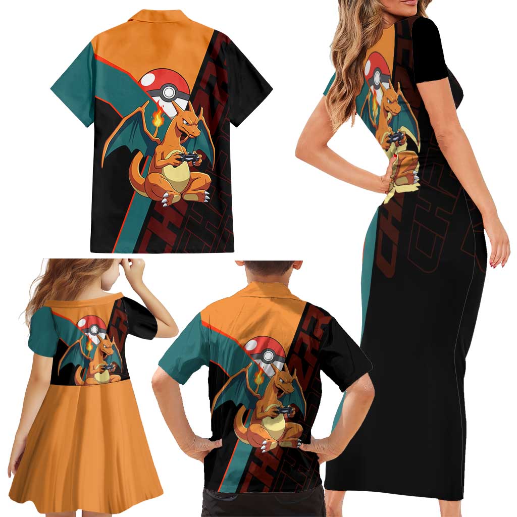 Charizard Poké Family Matching Short Sleeve Bodycon Dress and Hawaiian Shirt Retro Anime Gaming Style