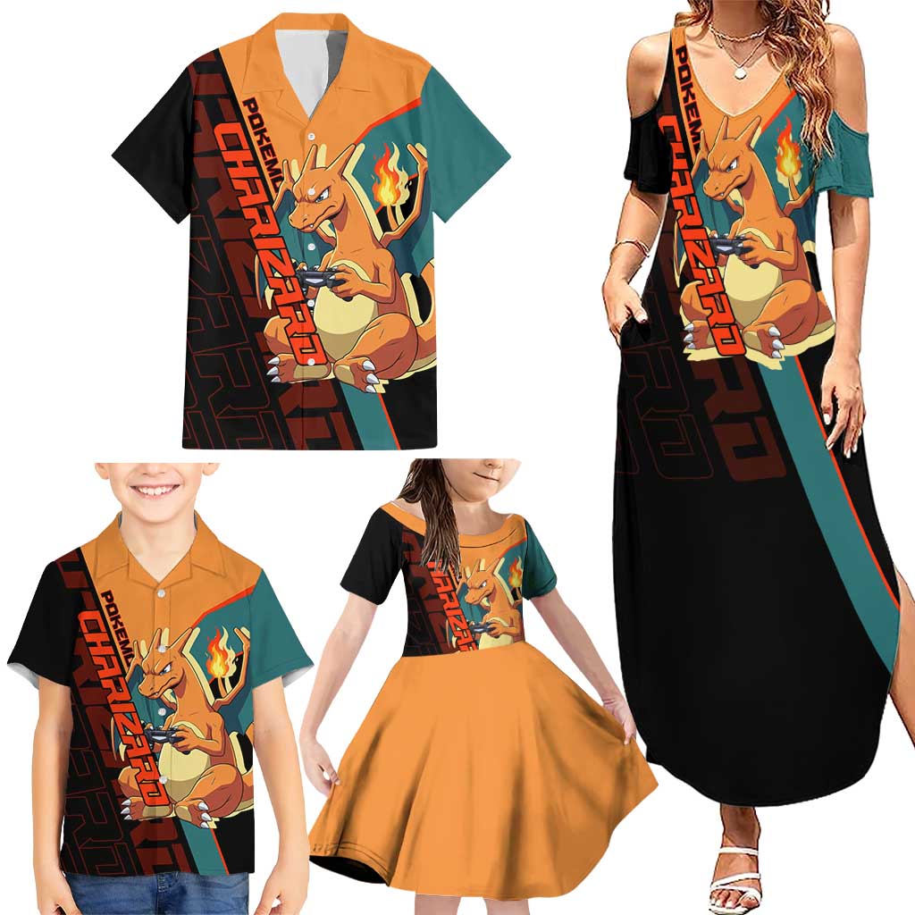 Charizard Poké Family Matching Summer Maxi Dress and Hawaiian Shirt Retro Anime Gaming Style