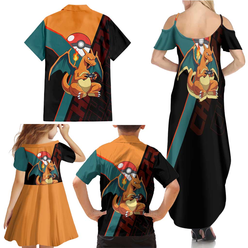 Charizard Poké Family Matching Summer Maxi Dress and Hawaiian Shirt Retro Anime Gaming Style