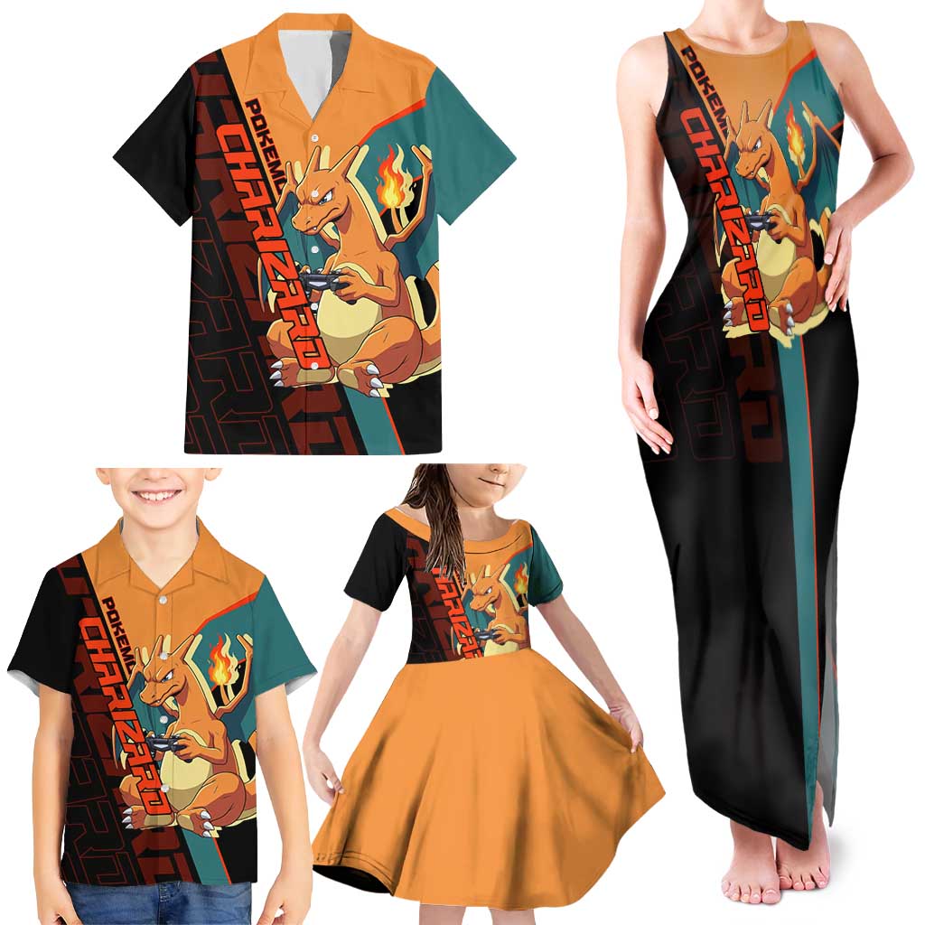Charizard Poké Family Matching Tank Maxi Dress and Hawaiian Shirt Retro Anime Gaming Style