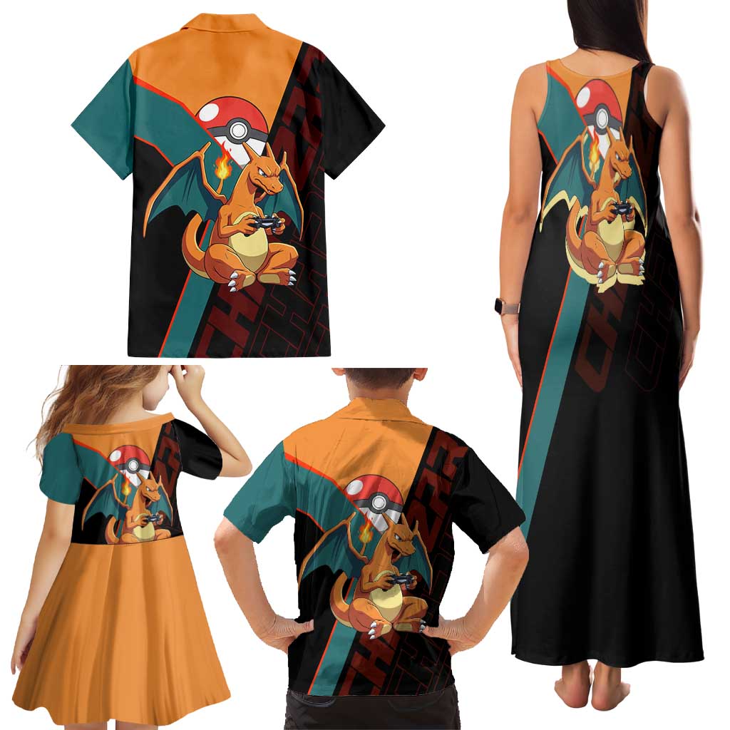 Charizard Poké Family Matching Tank Maxi Dress and Hawaiian Shirt Retro Anime Gaming Style