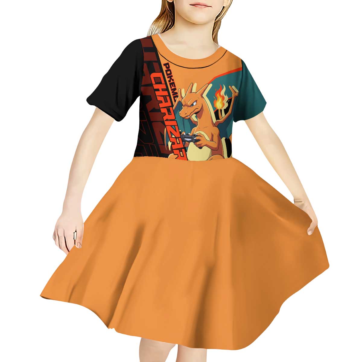 Charizard Poké Kid Short Sleeve Dress Retro Anime Gaming Style