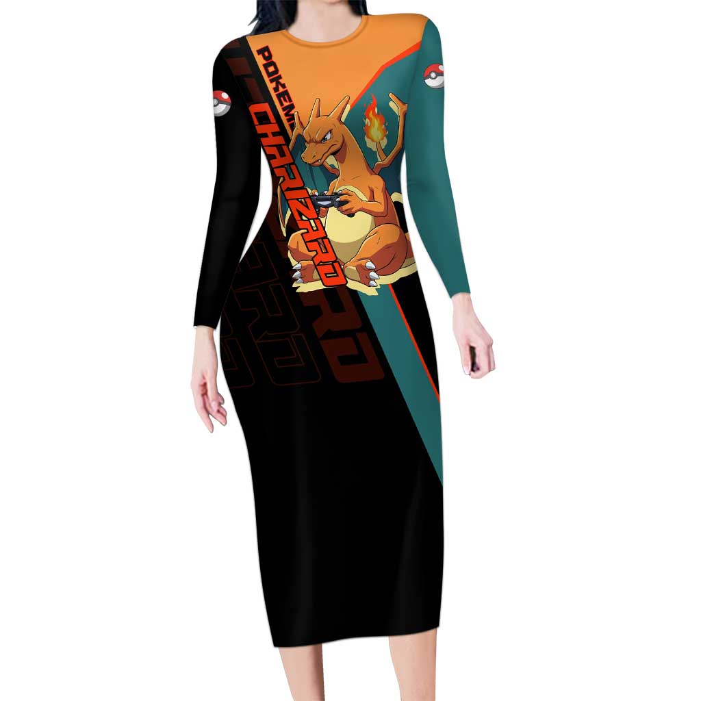 Charizard Poké Long Sleeve Bodycon Dress Retro Anime Gaming Style
