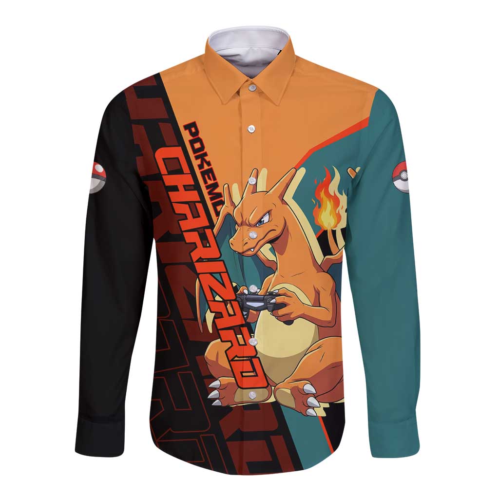 Charizard Poké Long Sleeve Button Shirt Retro Anime Gaming Style