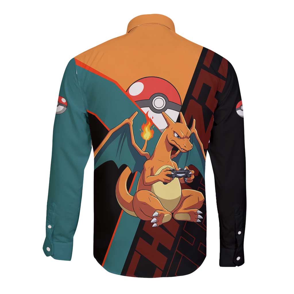 Charizard Poké Long Sleeve Button Shirt Retro Anime Gaming Style