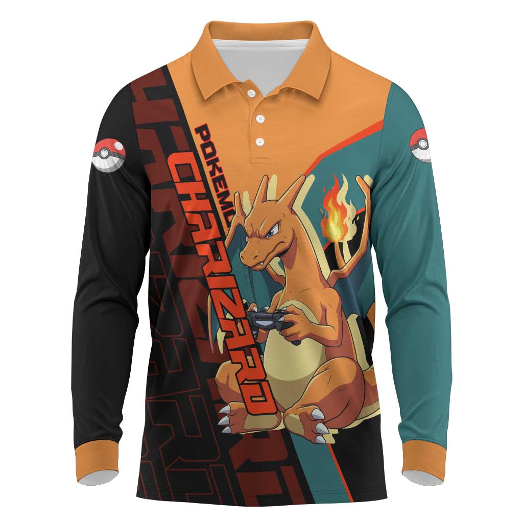 Charizard Poké Long Sleeve Polo Shirt Retro Anime Gaming Style