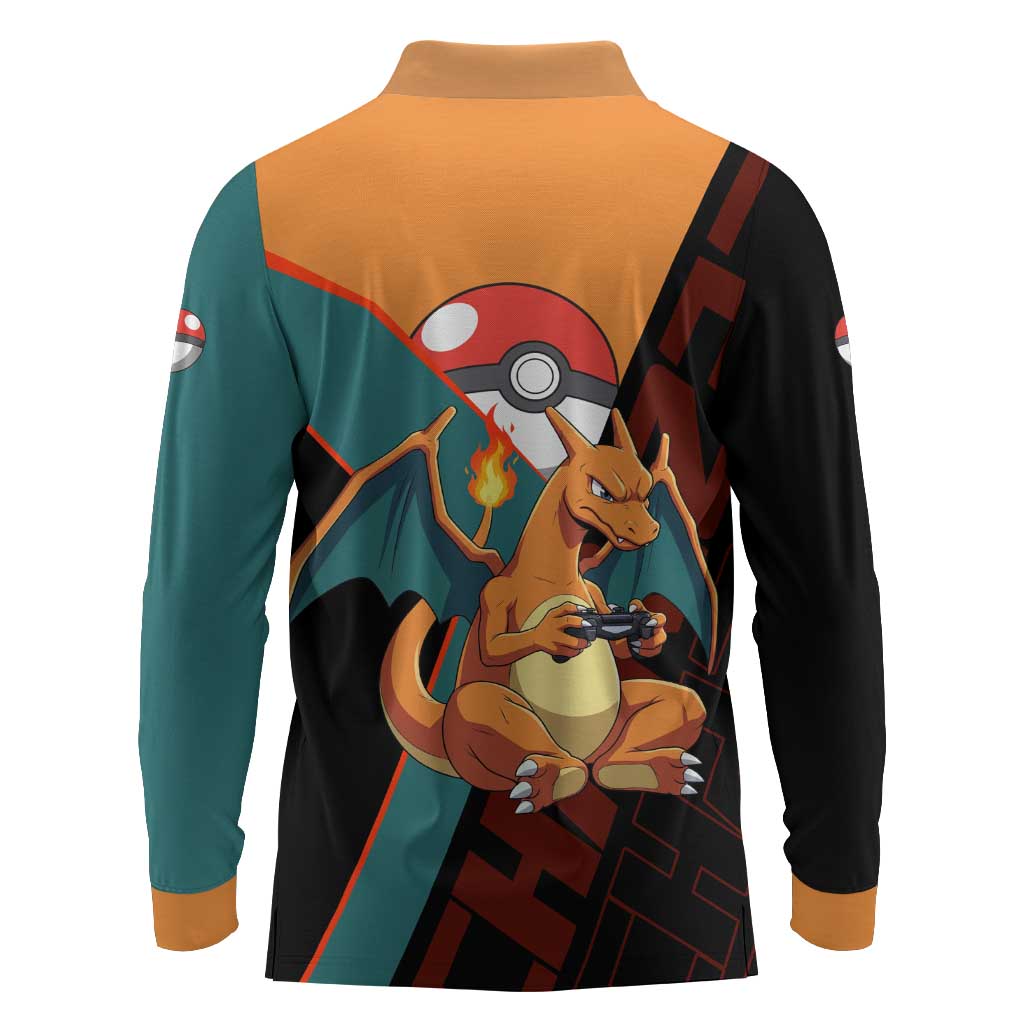 Charizard Poké Long Sleeve Polo Shirt Retro Anime Gaming Style