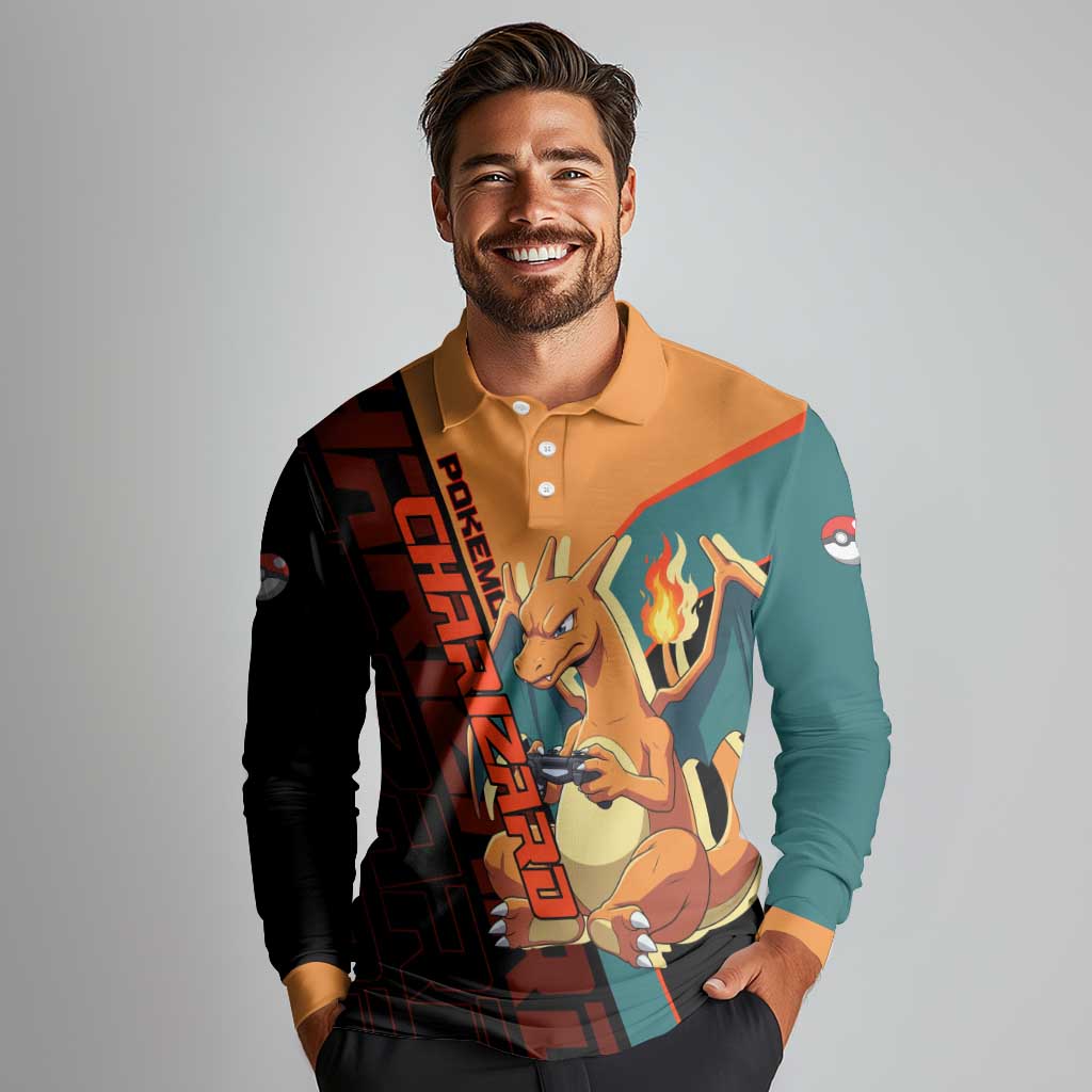 Charizard Poké Long Sleeve Polo Shirt Retro Anime Gaming Style