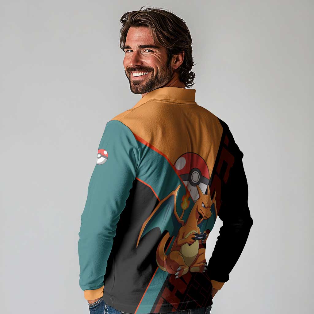 Charizard Poké Long Sleeve Polo Shirt Retro Anime Gaming Style