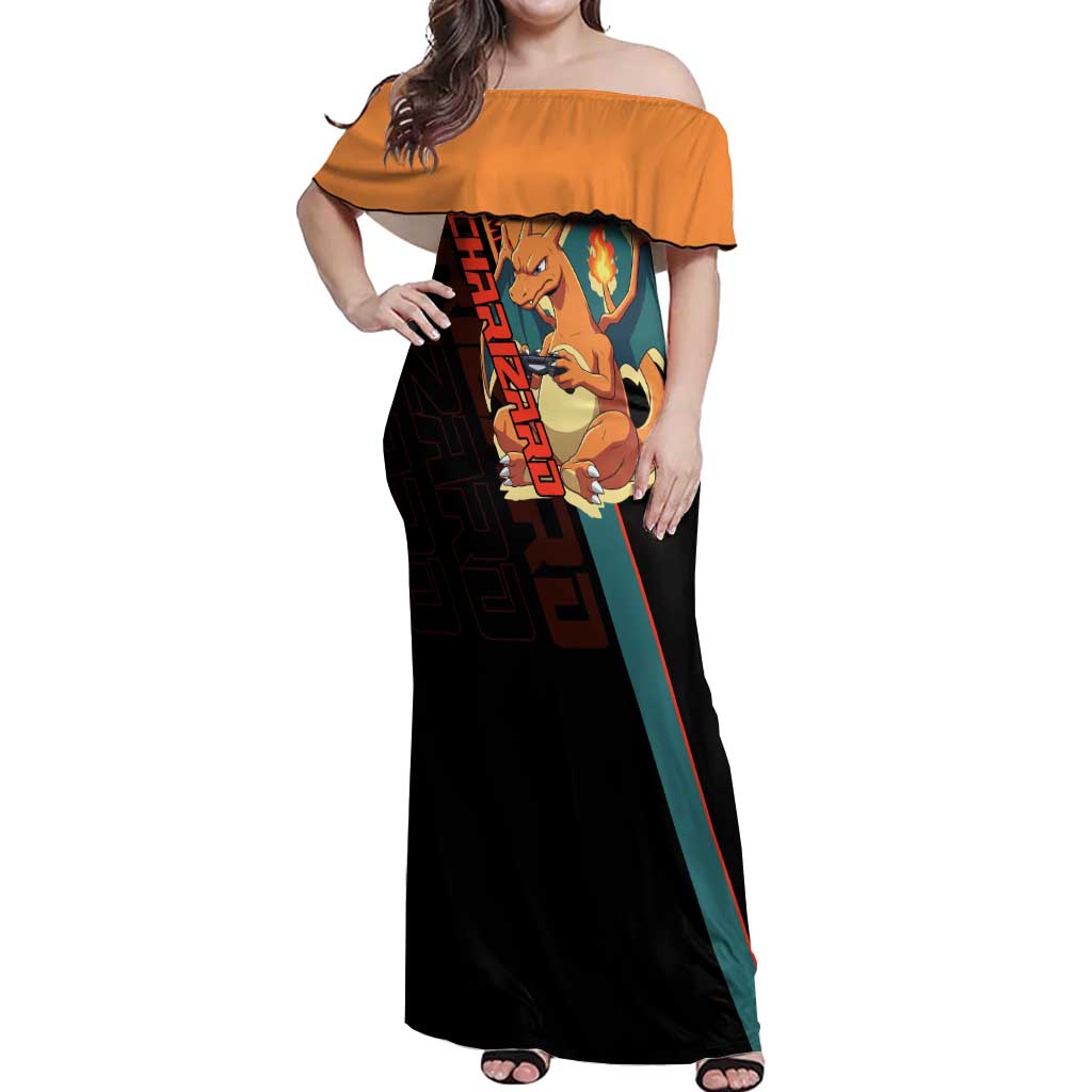 Charizard Poké Off Shoulder Maxi Dress Retro Anime Gaming Style