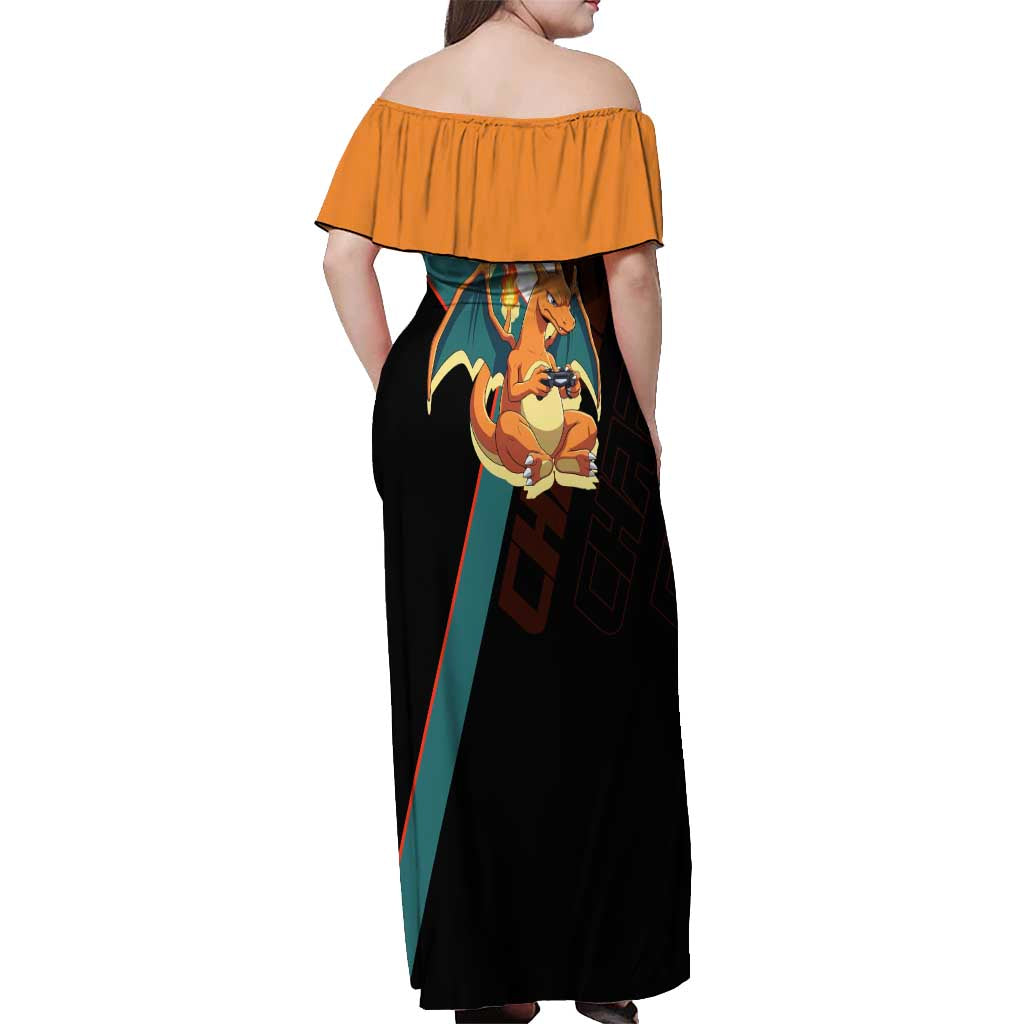 Charizard Poké Off Shoulder Maxi Dress Retro Anime Gaming Style