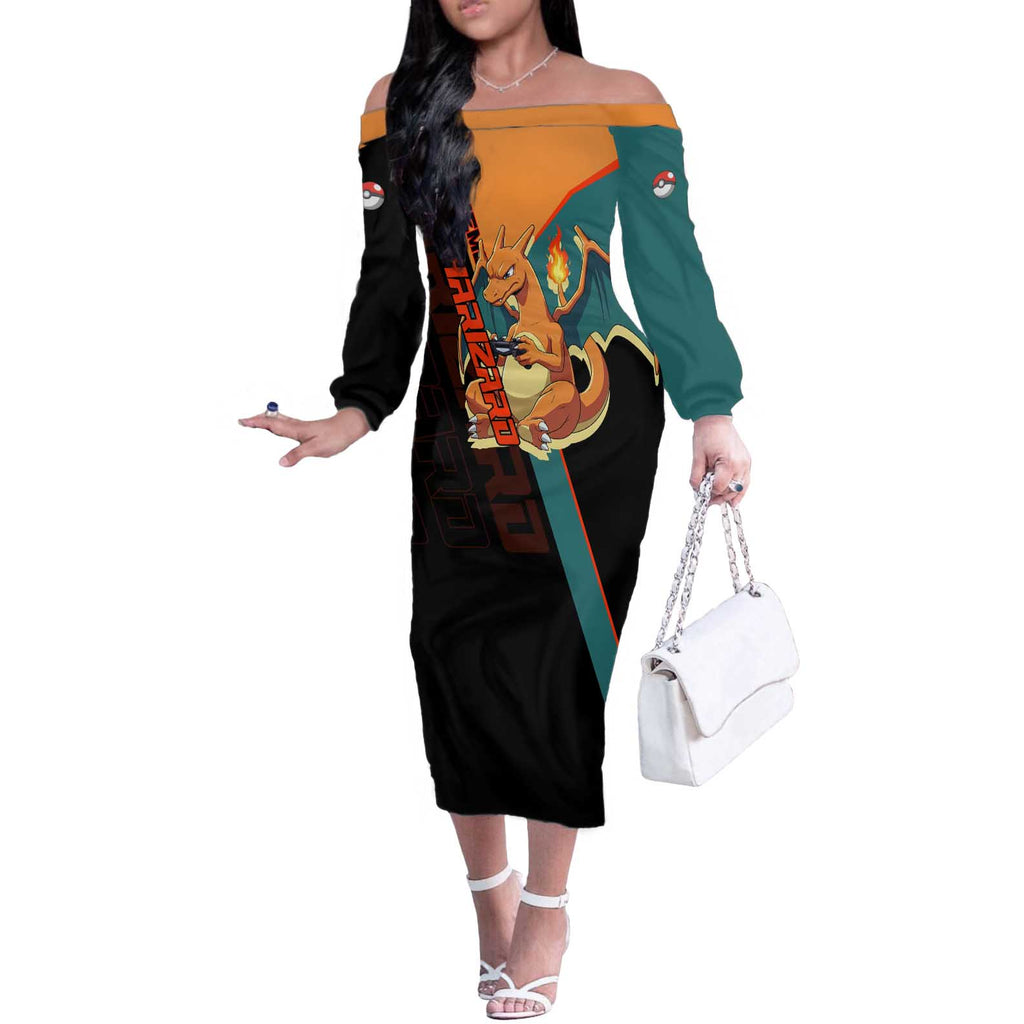Charizard Poké Off The Shoulder Long Sleeve Dress Retro Anime Gaming Style
