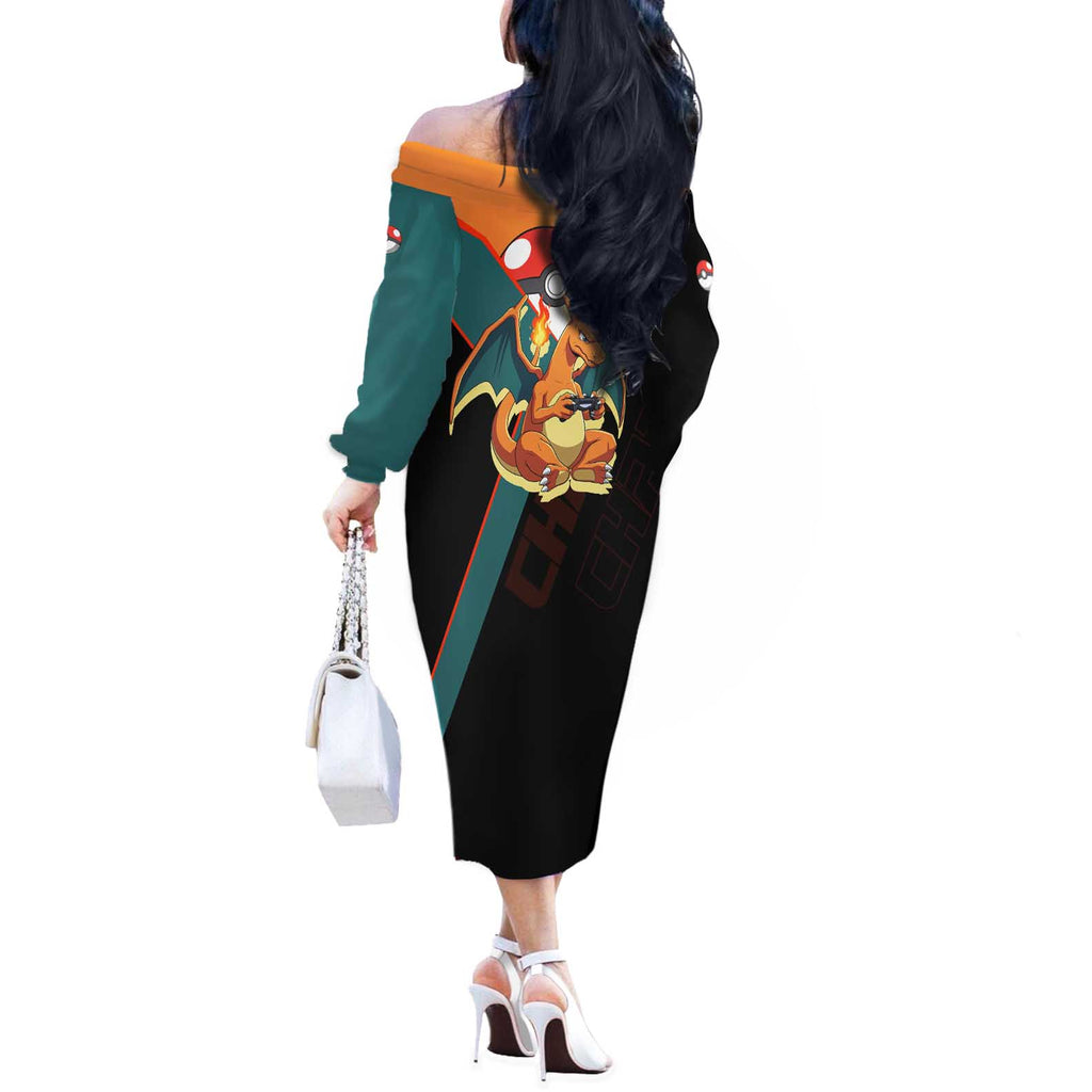 Charizard Poké Off The Shoulder Long Sleeve Dress Retro Anime Gaming Style
