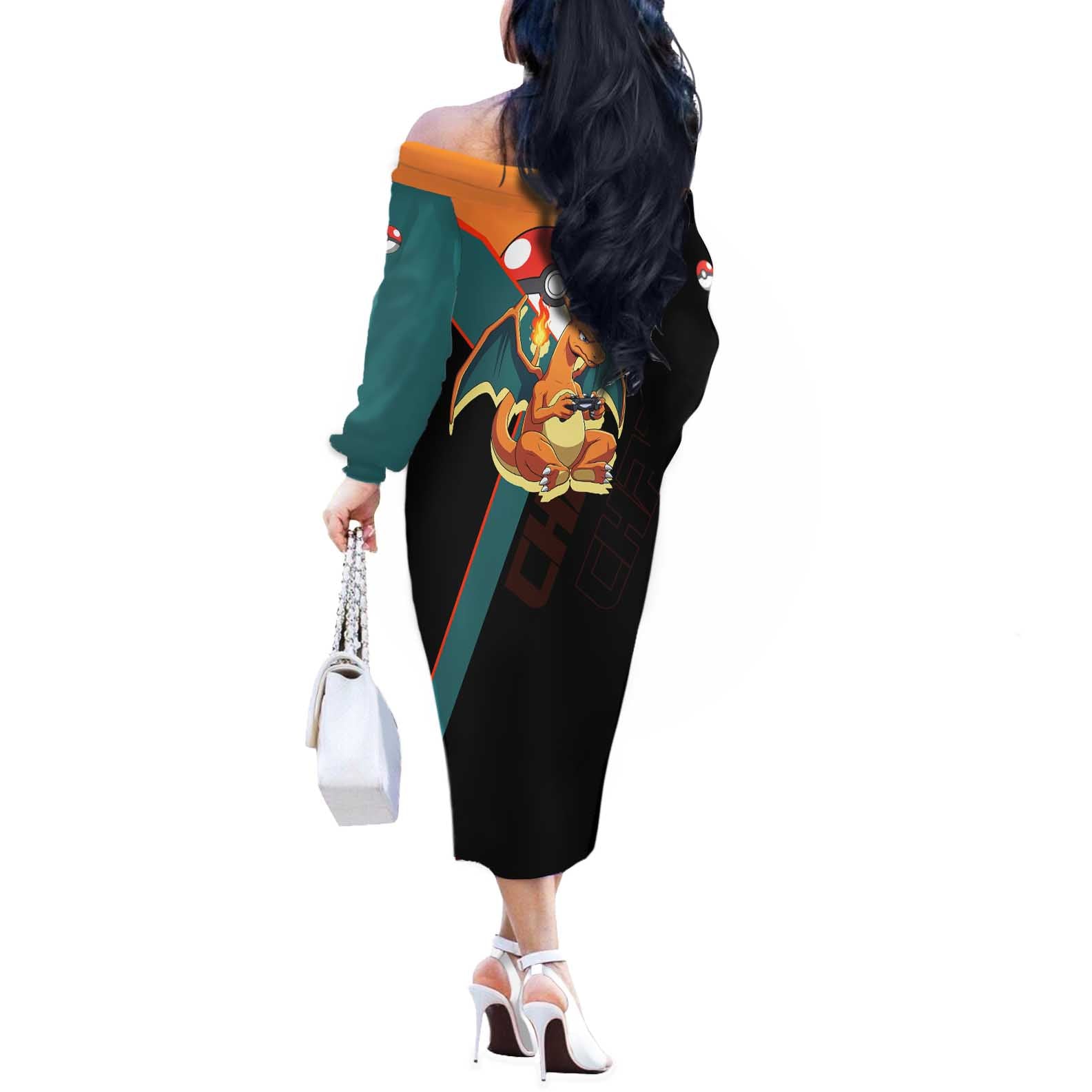 Charizard Poké Off The Shoulder Long Sleeve Dress Retro Anime Gaming Style
