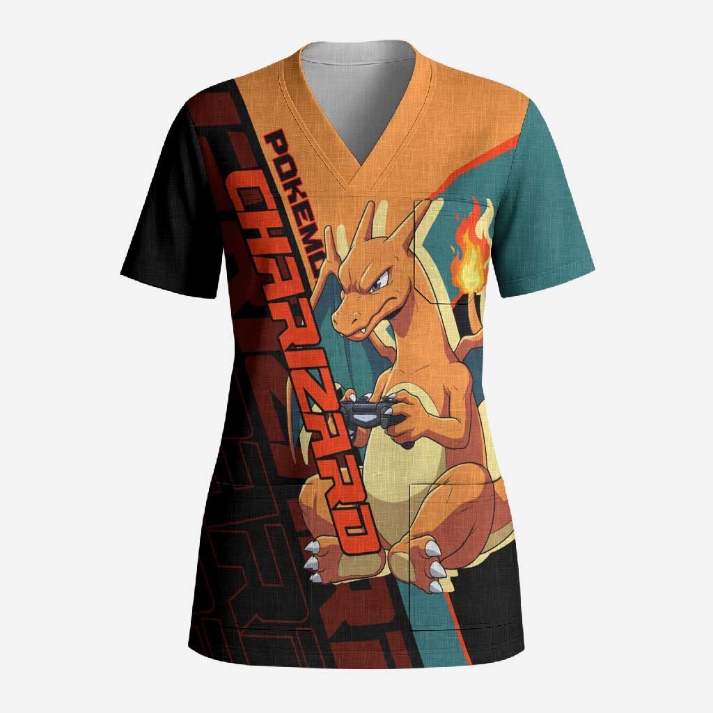Charizard Poké Scrub Top Retro Anime Gaming Style